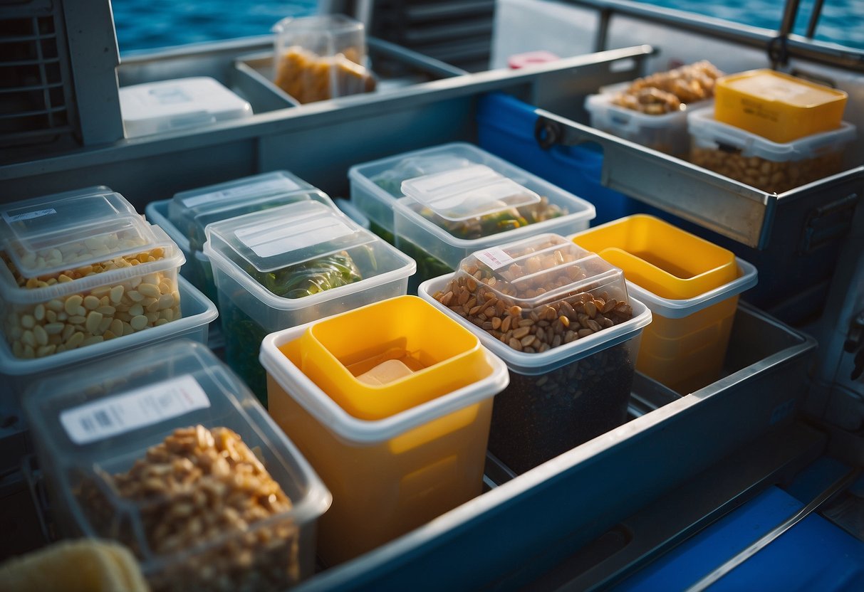 A dive boat deck with a variety of sealed containers and coolers holding food items. A refrigerator and dry storage area are also visible, with labels indicating proper food storage techniques