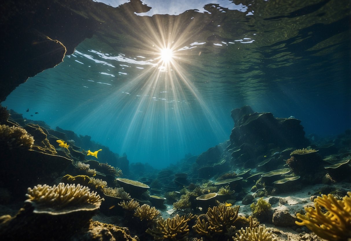 Crystal-clear waters reveal colorful marine life amid rocky formations and kelp forests. Sunlight dances through the depths, illuminating the diverse underwater landscapes of Canada's top scuba diving routes