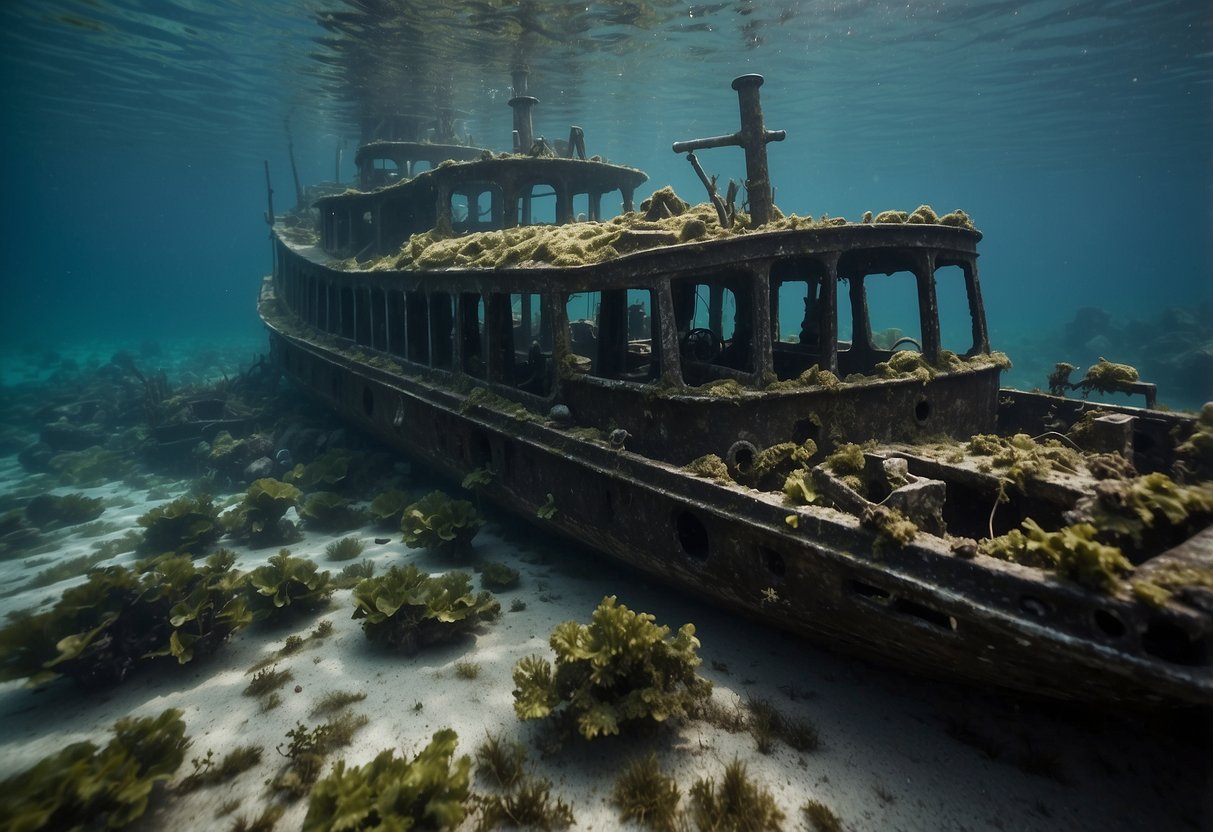 The sunken ships lay scattered across the lakebed, their hulls encrusted with algae and home to schools of fish. The clear water allows for a breathtaking view of the underwater wreckage