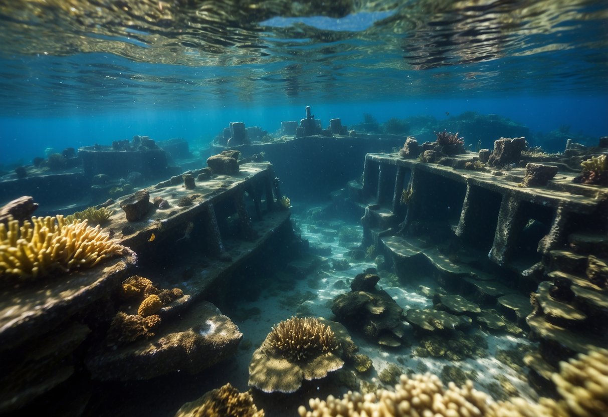 Sunken shipwrecks lie on the ocean floor, surrounded by clear blue waters off the coast of Bell Island, Newfoundland. Rich marine life and colorful coral reefs add to the scenic beauty of this popular scuba diving destination in Canada