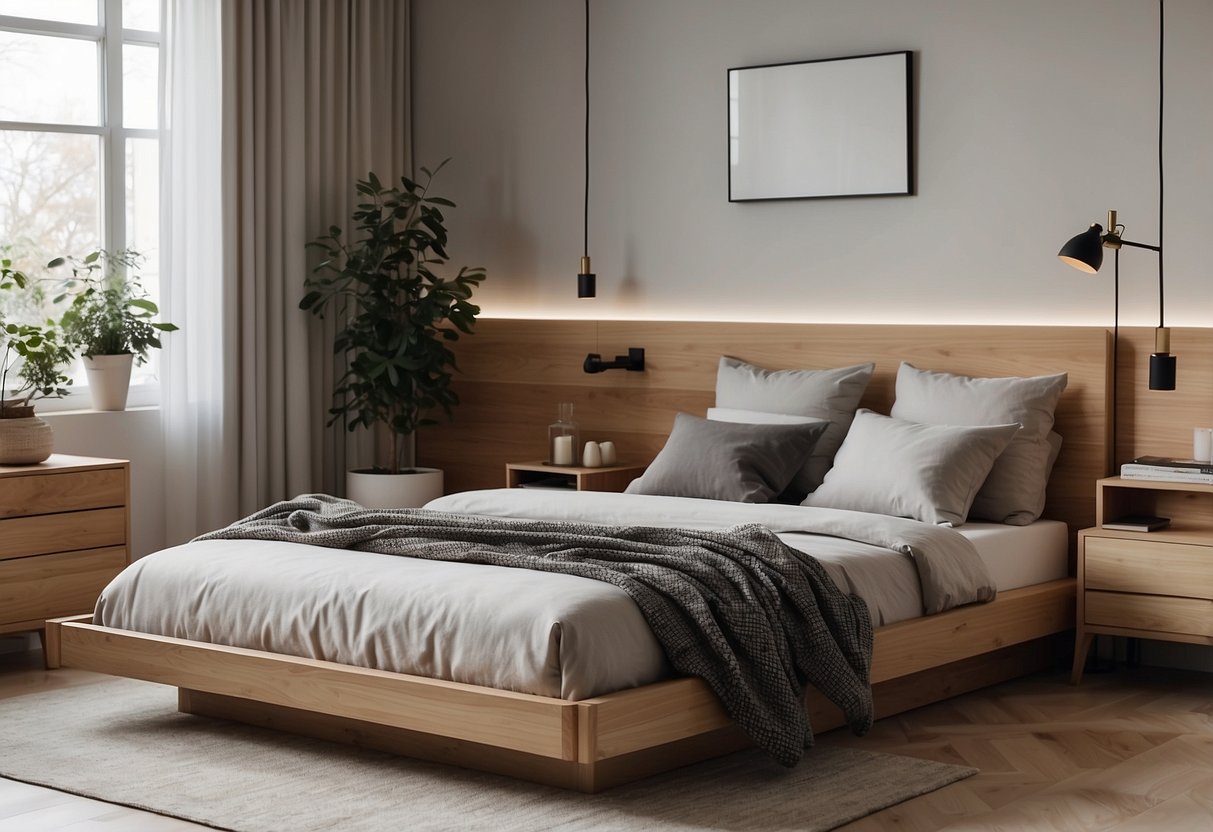 A cozy bedroom with sleek, modern Scandinavian furniture, including a minimalist bed, clean lines, and natural wood tones