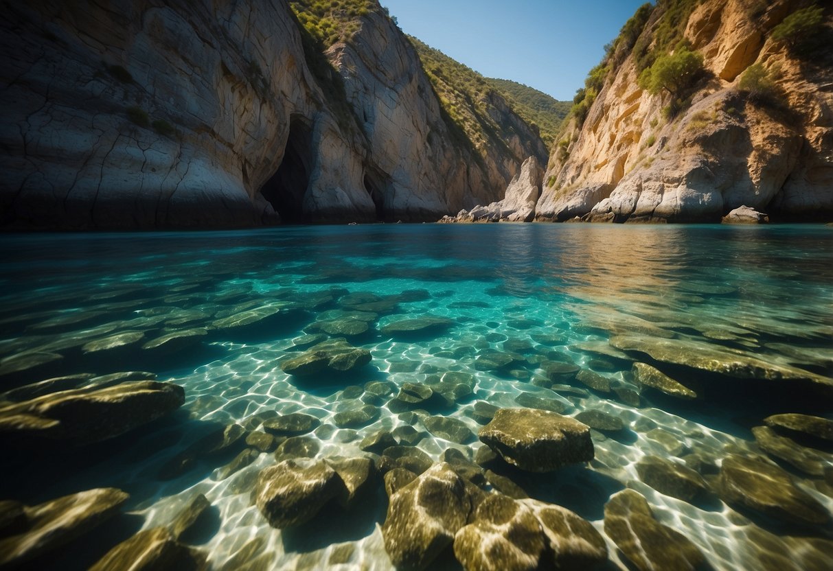 A serene cove with crystal-clear waters, surrounded by rugged cliffs and lush greenery. The sun casts a warm glow, illuminating the underwater rock formations and colorful marine life