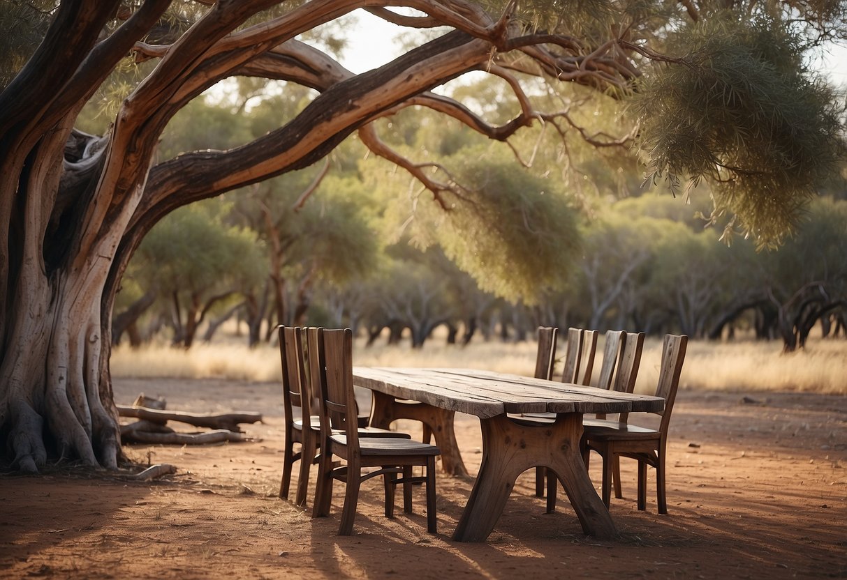 A rustic wooden table and chairs sit under a sprawling gum tree in the Australian outback. The furniture is weathered and worn, blending in with the natural surroundings