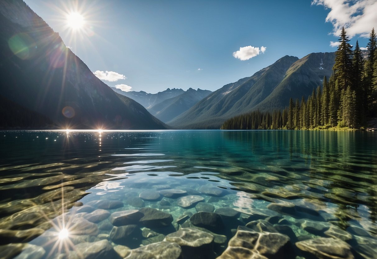 Crystal-clear water of Lakelse Lake reflects surrounding mountains. Sunlight dances on the surface, inviting scuba divers to explore its depths