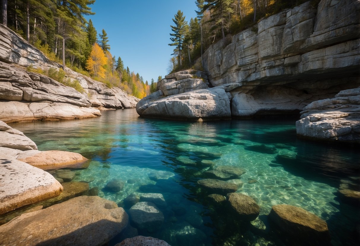 Crystal-clear waters surround rocky formations in Presqu'ile Provincial Park, Ontario. Sunlight filters through the depths, illuminating 10 scenic scuba diving routes in Canada