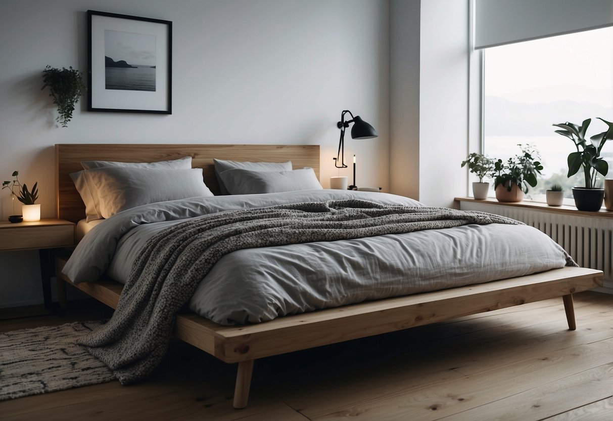 A cozy bedroom with minimalist scandi furniture, including a sleek bed, clean-lined nightstands, and a simple, uncluttered decor