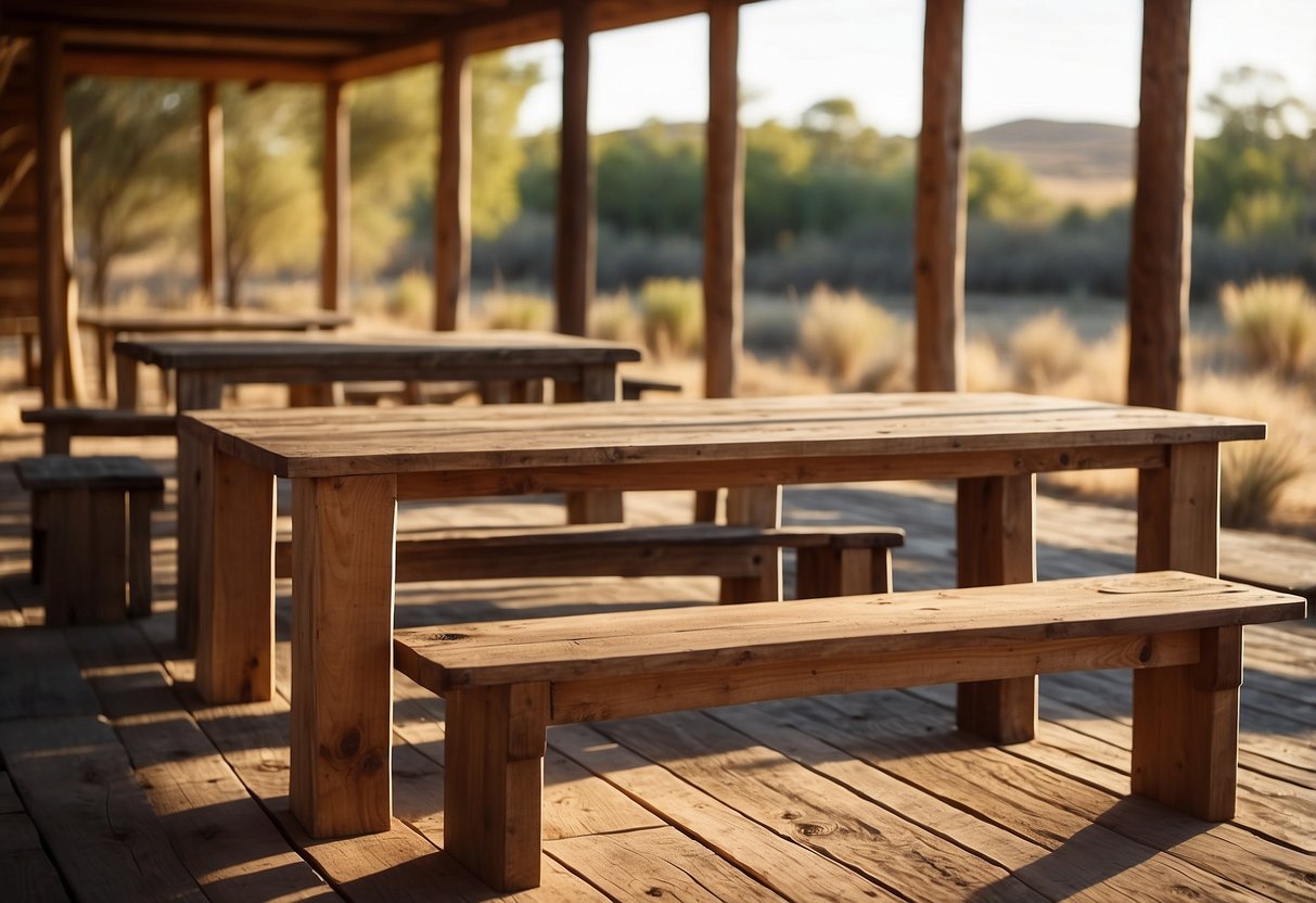 Rustic wooden furniture scattered in a spacious Outback setting, under the warm glow of the sun