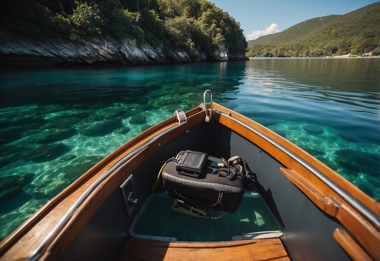 Crystal clear waters surround a diver's boat, with lush greenery on the shore. Diving gear is neatly arranged on the deck, ready for an adventure