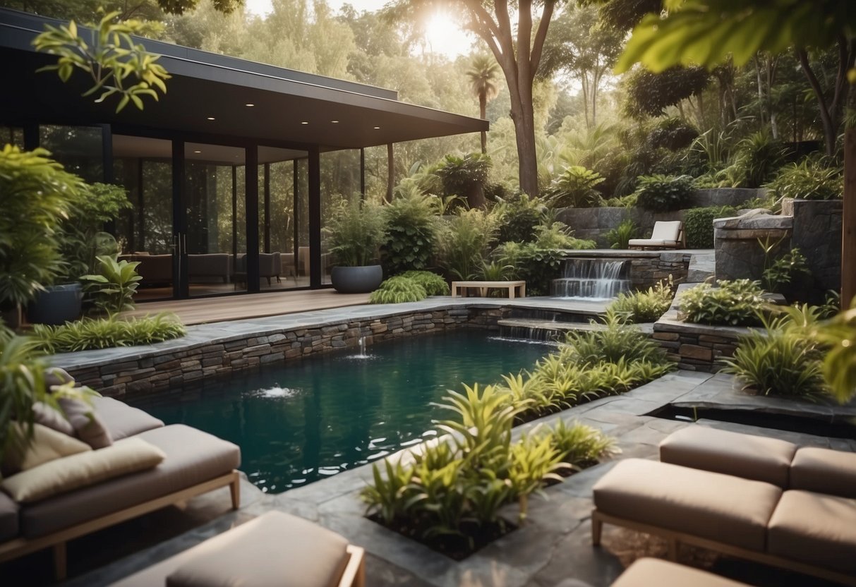 A cozy outdoor oasis with modern furniture, surrounded by lush greenery and a serene water feature