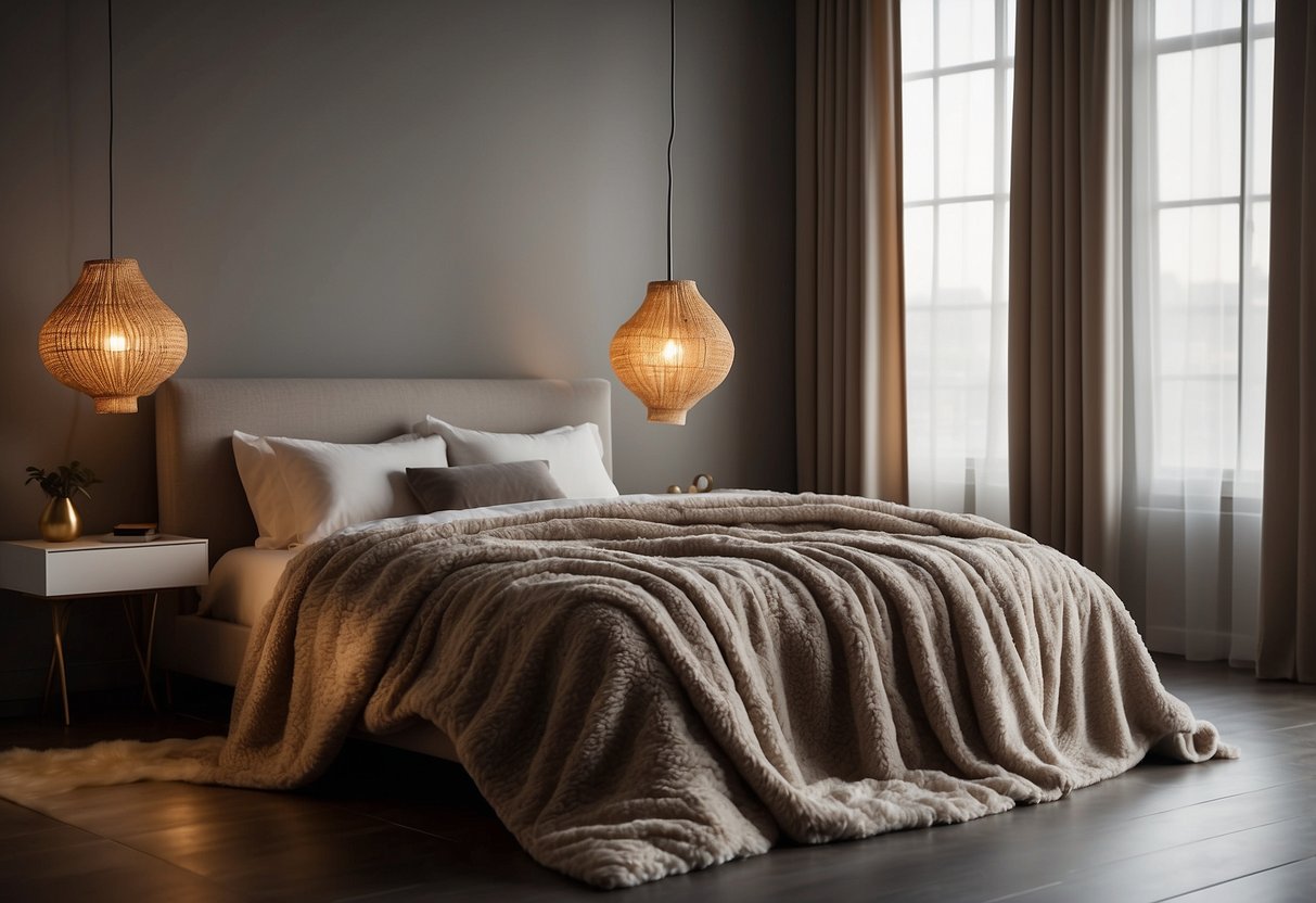 A soft throw blanket drapes over a minimalist bed, with a sleek bedside table adorned with a modern lamp casting a warm glow in the serene bedroom