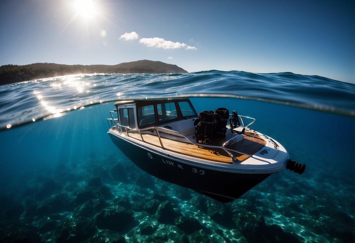 Crystal-clear ocean water surrounds a diving boat. Dive gear neatly organized on deck. Sunlight glistens on the surface. A diver's flag flutters in the breeze