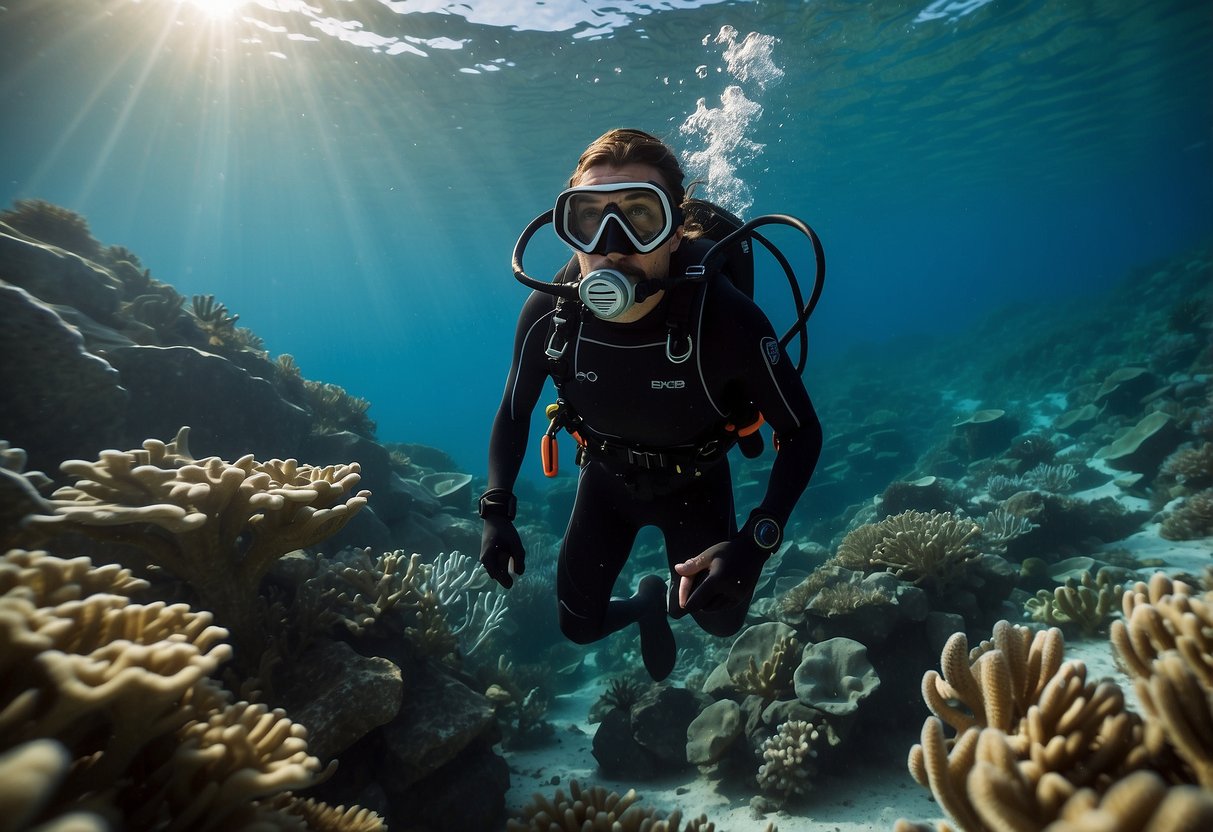 A diver in a high-quality wetsuit, surrounded by clean diving gear and accessories, ready for an underwater adventure