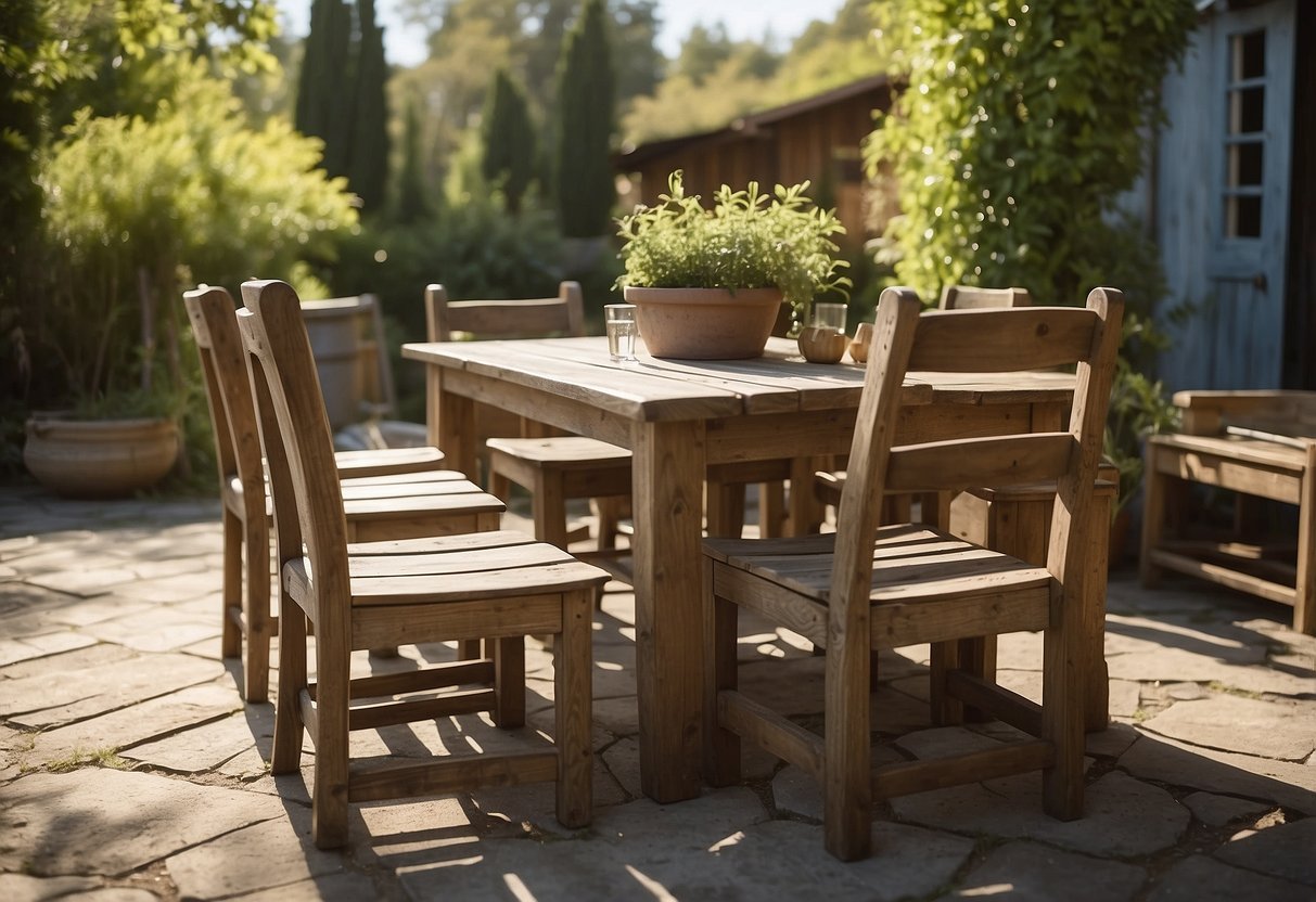 A rustic outdoor setting with a wooden table and chairs, surrounded by greenery and under a clear blue sky. The furniture is weathered and well-loved, with a cozy and inviting atmosphere