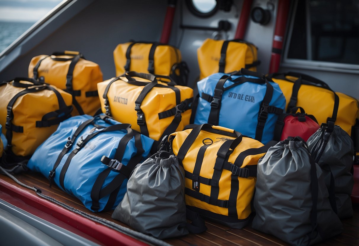 A group of waterproof bags arranged neatly on a diving boat, with diving gear and equipment scattered around. The bags are labeled "7 Tips for Staying Clean on Diving Trips."