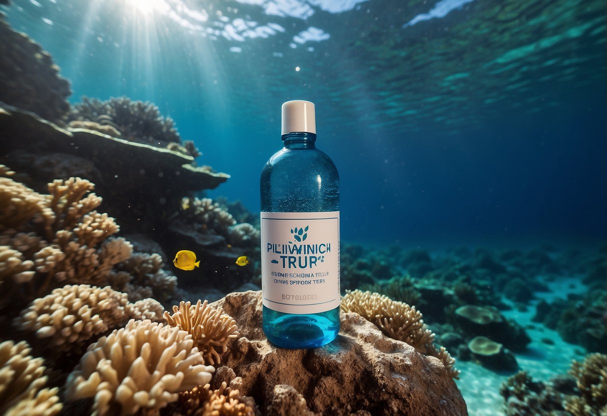 A coral reef with clear blue water, a bottle of reef-safe sunscreen, and a sign with "7 Tips for Staying Clean on Diving Trips" displayed prominently