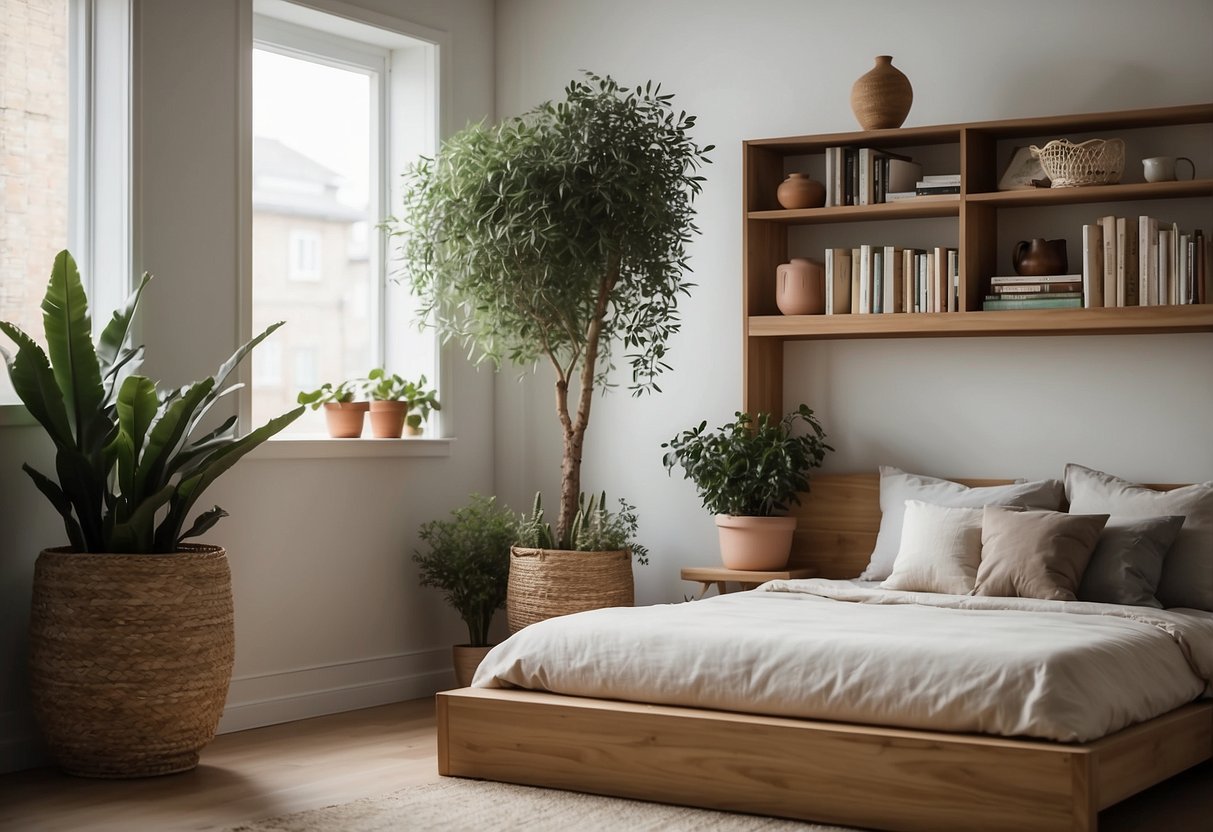 A cozy bedroom with clean lines, light wood furniture, and minimalistic decor. A bookshelf and potted plants add warmth to the serene space