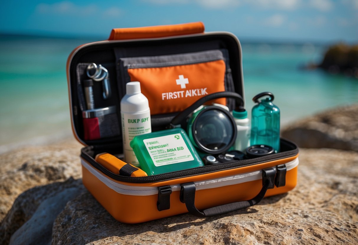 A compact first-aid kit sits neatly next to a diving gear. It contains essentials for staying clean on diving trips