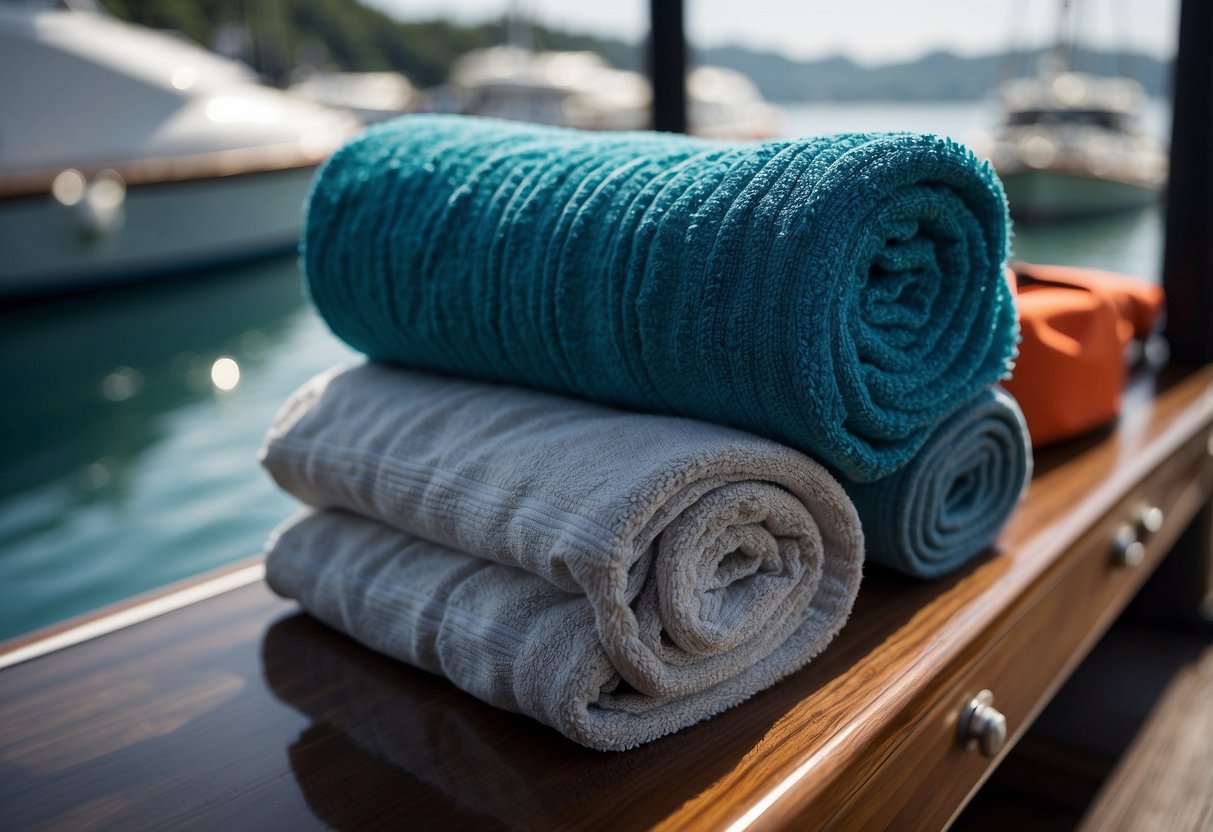 A microfiber towel hanging on a diving boat, surrounded by diving gear and equipment