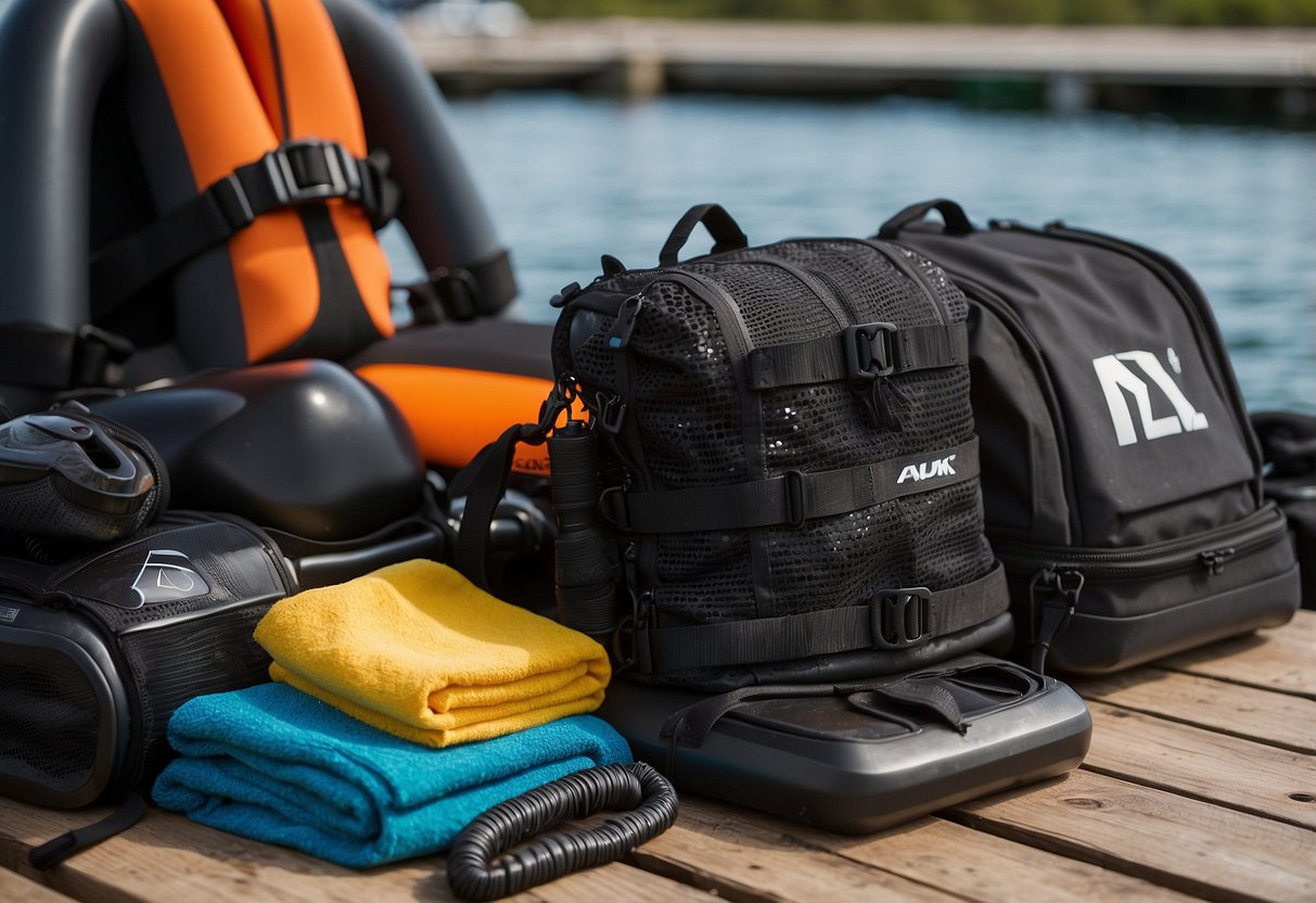 Dive gear neatly arranged on a boat deck, with tanks, fins, and masks in designated spots. A mesh bag holds wet suits and towels, while a rinse bucket and brush sit nearby