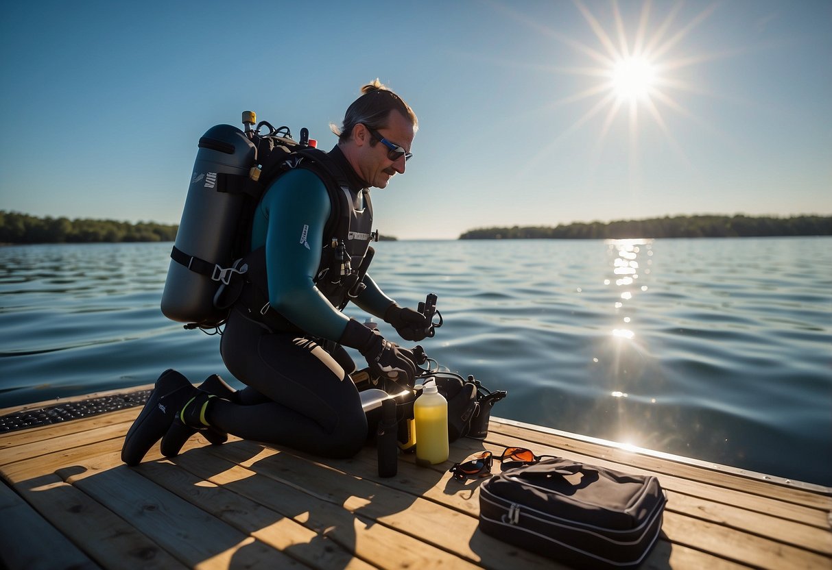 A diver organizes gear on a clean, well-lit dock. Equipment is neatly arranged, and a checklist is visible. The water is calm, and the sun is shining, creating a peaceful and organized atmosphere