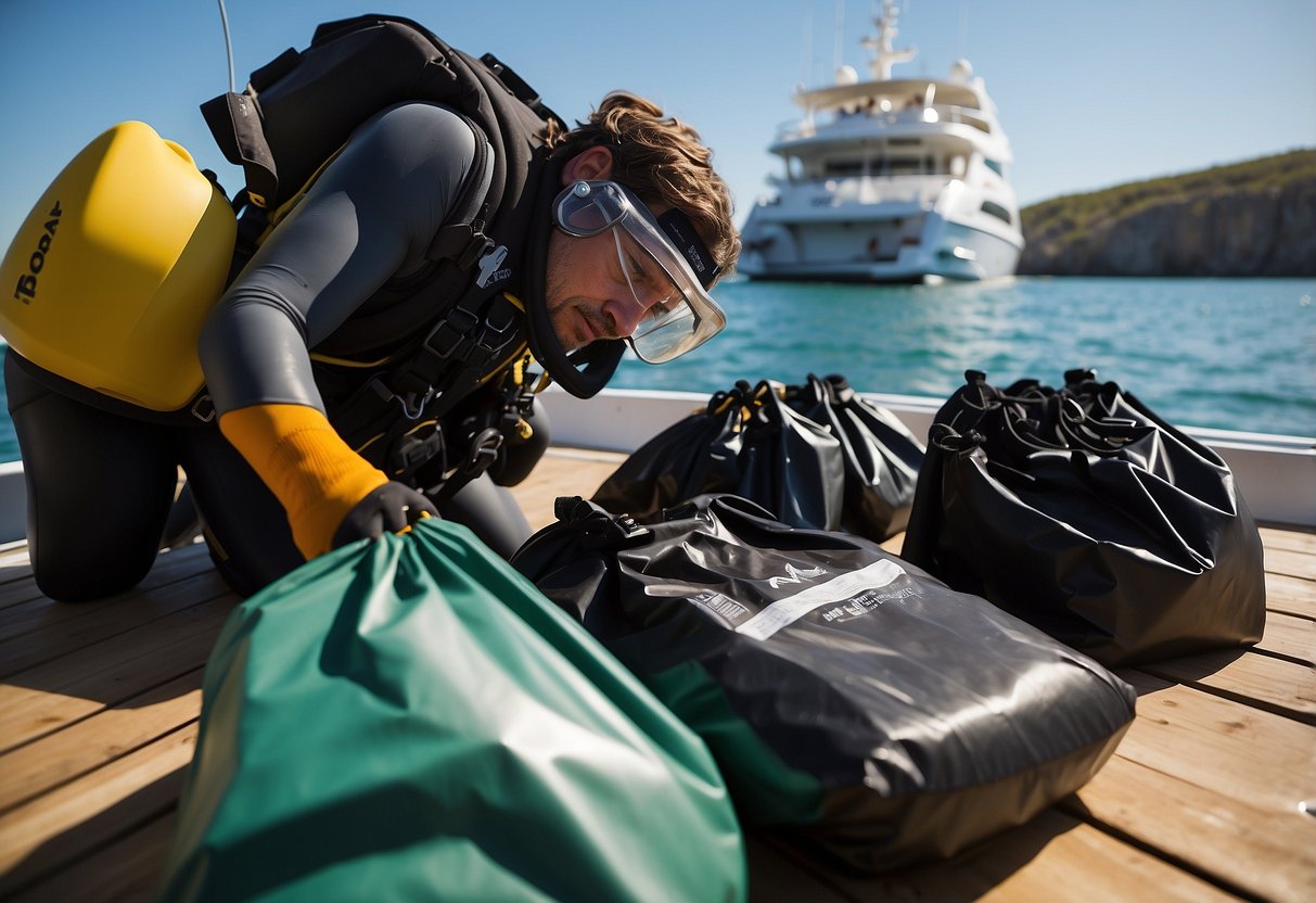 A diver carefully organizes their gear on a clean, spacious boat deck, with separate containers for wet and dry items. A trash bag is easily accessible for any waste, and a designated area for rinsing off equipment is visible