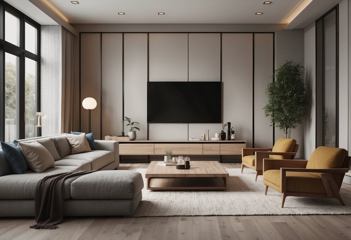 A modern lounge with CAD blocks of furniture arranged in a spacious room with natural lighting and a minimalist color scheme