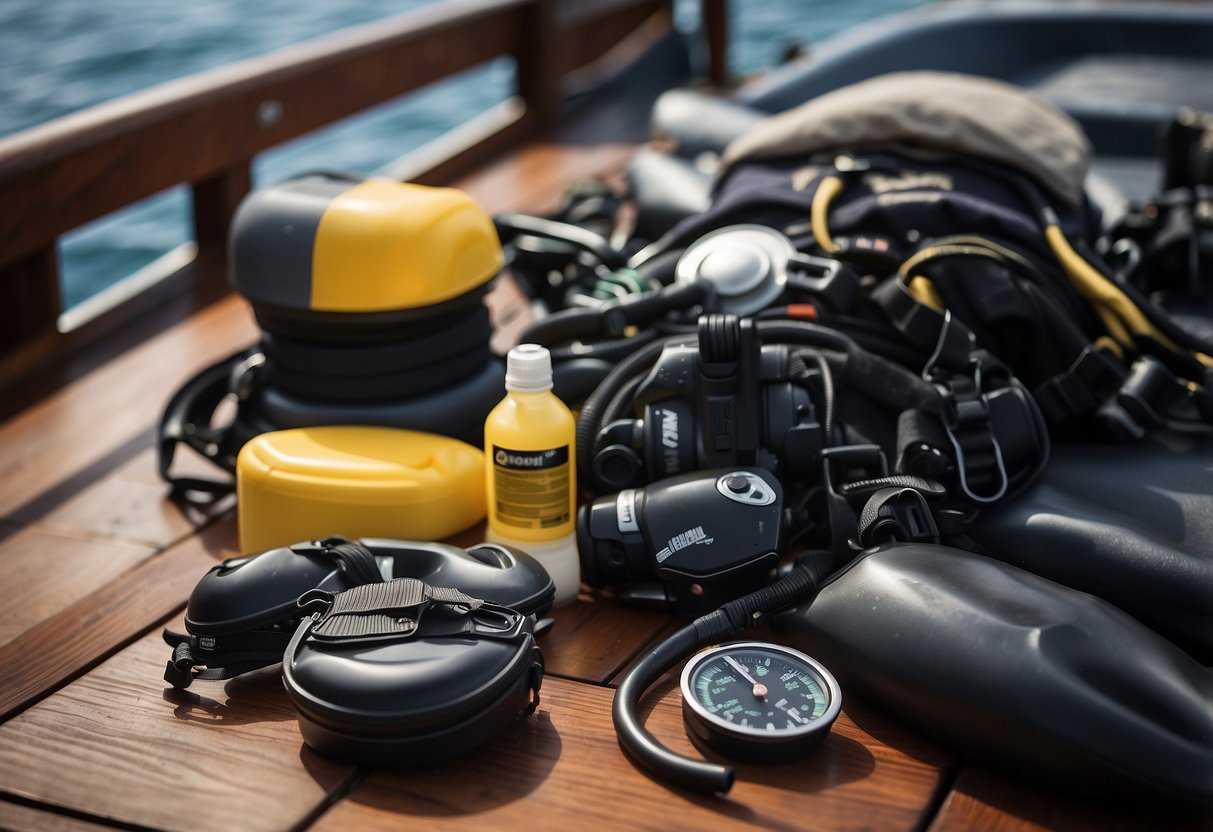 Dive gear laid out on a boat deck, with cleaning supplies and tips scattered around. Water droplets and a fresh ocean breeze in the air