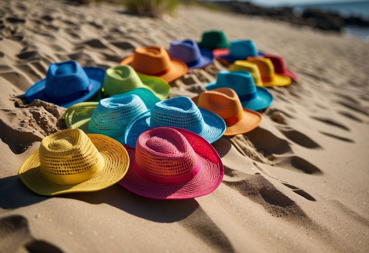 A group of colorful lightweight diving hats arranged on a sandy beach, with the ocean in the background and the sun shining brightly in the sky