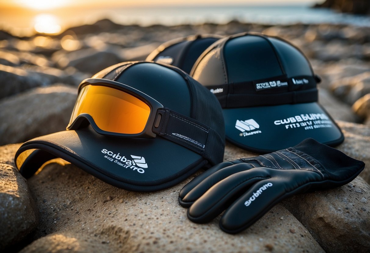 A pair of Scubapro Tropic 2mm gloves laid out next to five lightweight diving hats for sun protection