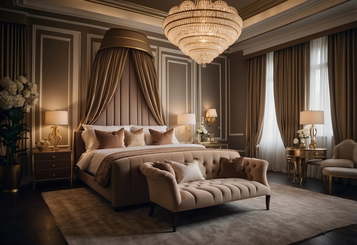 A lavish bedroom with a king-sized bed, ornate bedside tables, a grand dresser, and a plush armchair. The room is adorned with elegant lighting fixtures and luxurious drapes