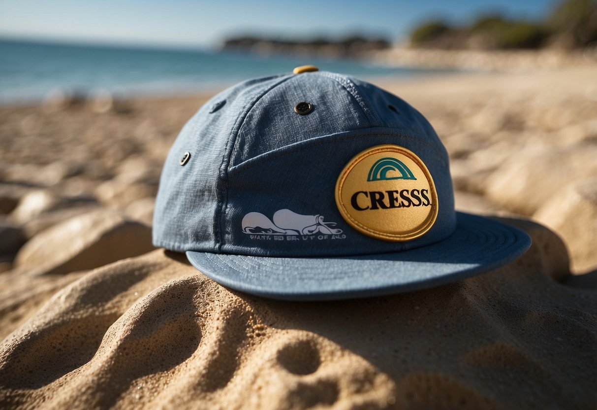 A bright, sunny day at the ocean's edge. A diver's cap, with the Cressi logo, sits on a rock, casting a shadow in the sand