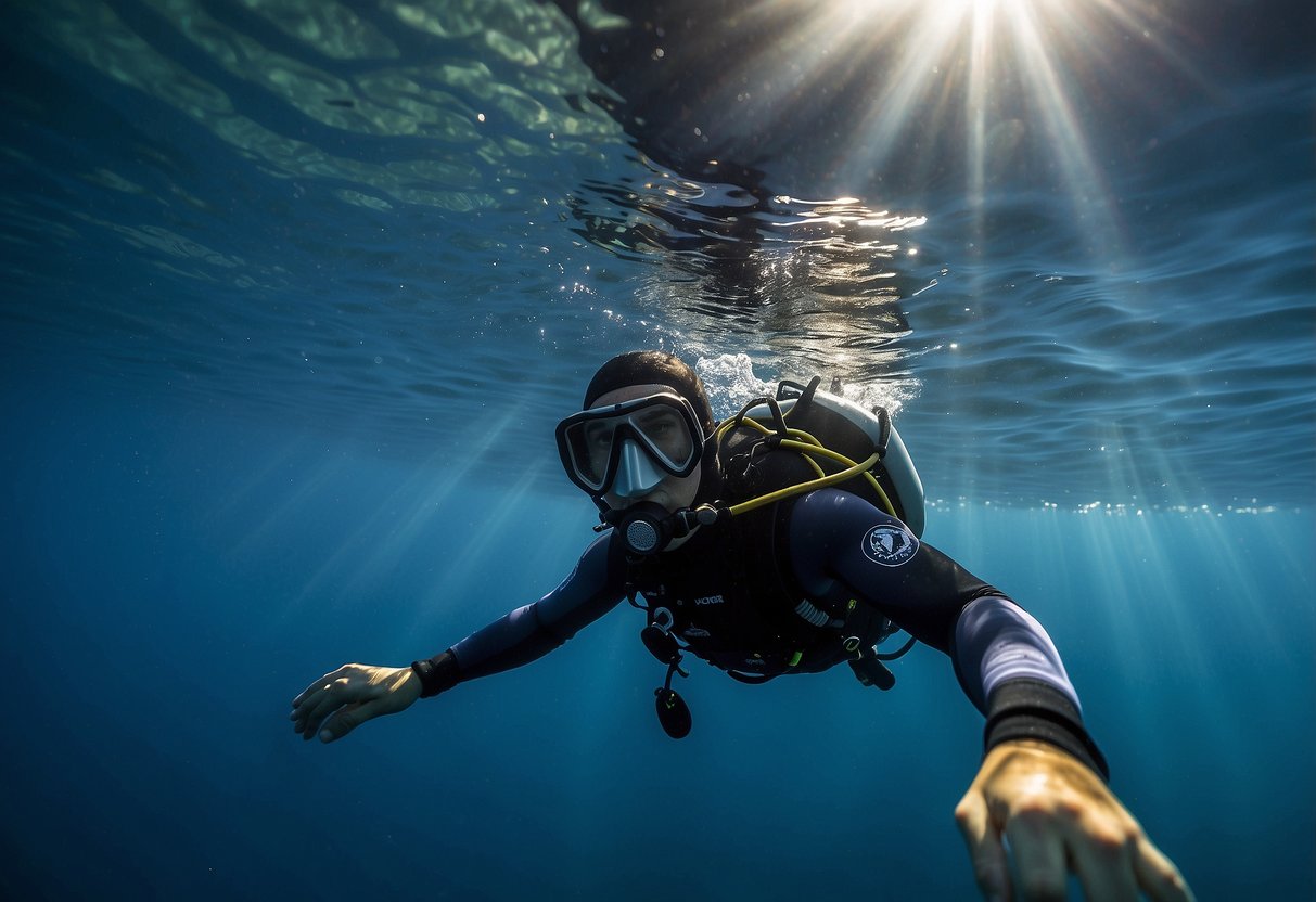 A diver wearing a Lavacore Comfort Hood, floating in clear blue water, with sunlight shining down and casting dappled shadows on the ocean floor