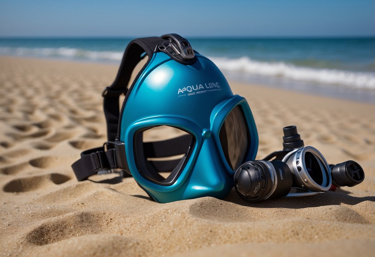 Aqua Lung Sport Flex Hood sits on a sandy beach with clear blue water in the background, surrounded by diving gear and a gentle breeze