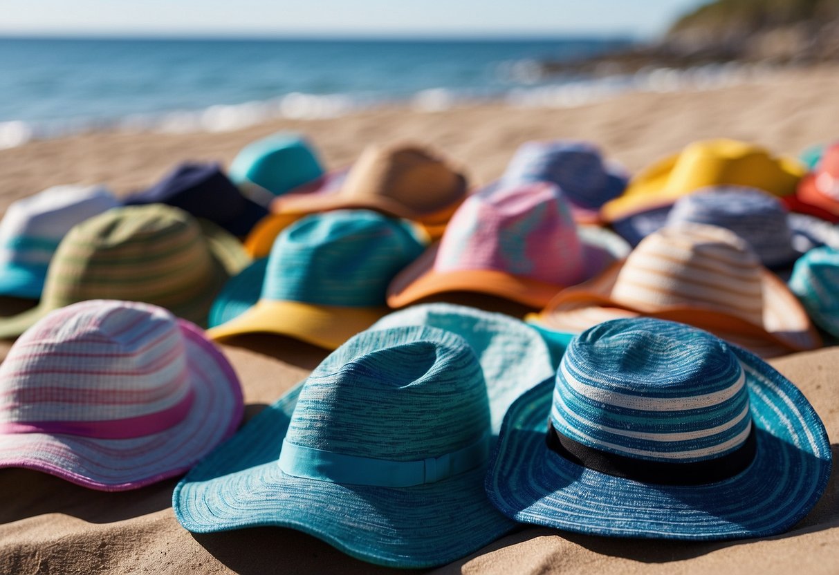 A group of lightweight diving hats arranged on a beach towel, with the ocean and clear blue sky in the background