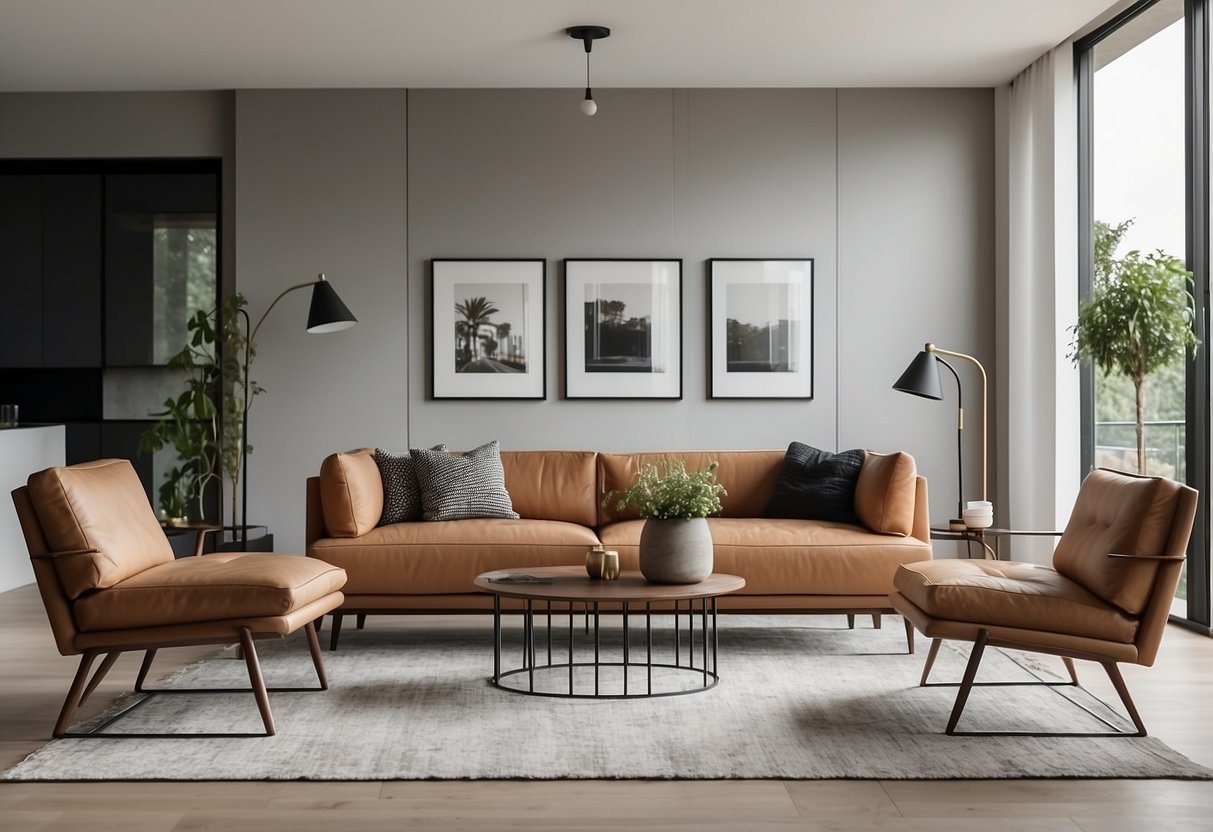 A modern living room with sleek, minimalist opsh furniture, featuring clean lines and neutral colors