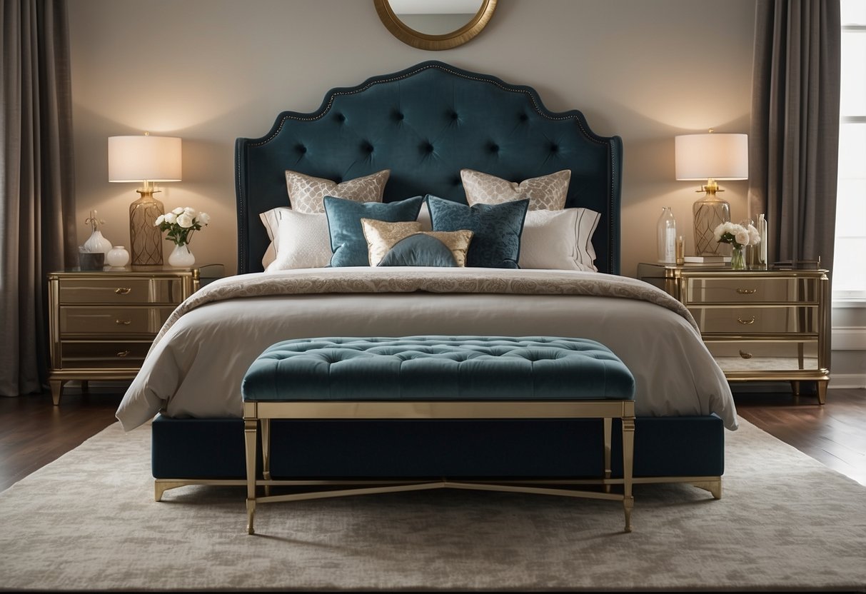 A spacious bedroom with a king-sized bed, elegant nightstands, a plush rug, and a grand dresser with a large mirror. Luxurious fabrics and intricate details adorn the furniture, creating a sense of opulence and comfort