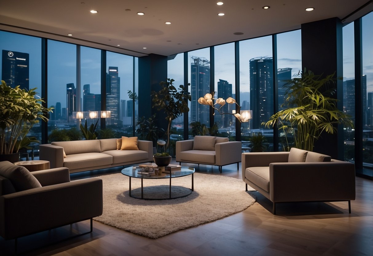 A modern furniture showroom in Singapore, with sleek displays and vibrant lighting