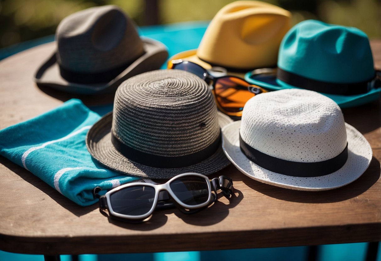 A table with 5 different lightweight diving hats displayed, surrounded by sunscreen, a towel, and a pair of goggles