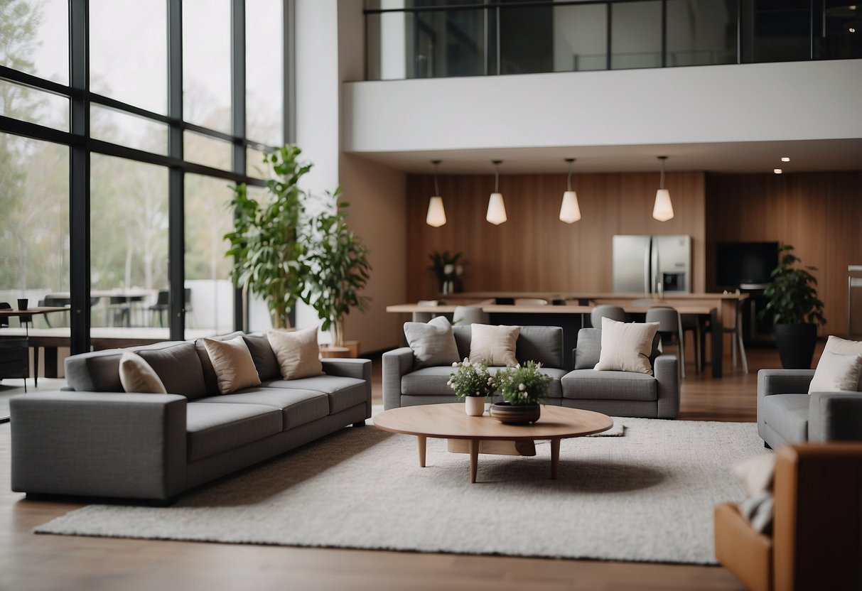 A lounge with modern furniture arranged in a conversational setting. A large coffee table is surrounded by comfortable chairs and sofas. The space is well-lit and inviting