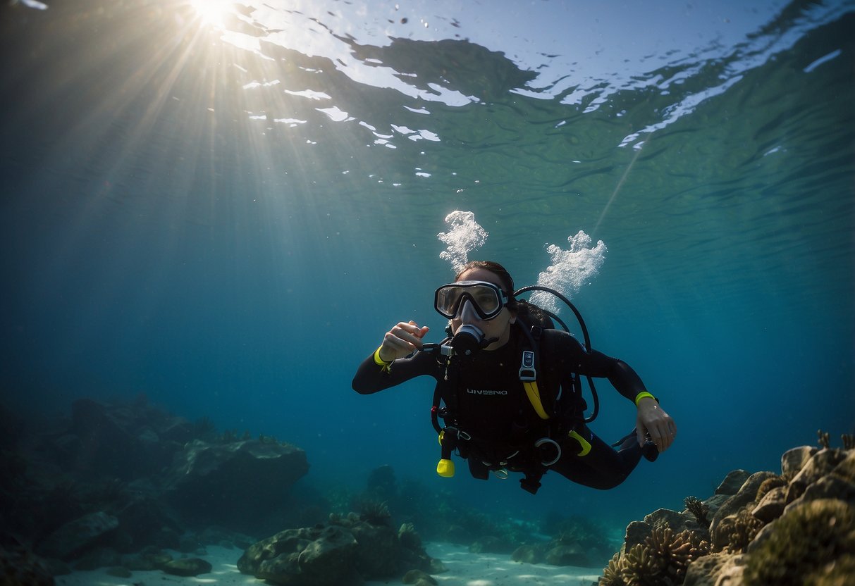 Divers respond to emergencies: signaling distress, sharing air, ascending slowly, and using buoyancy control. They communicate, administer first aid, and seek professional help