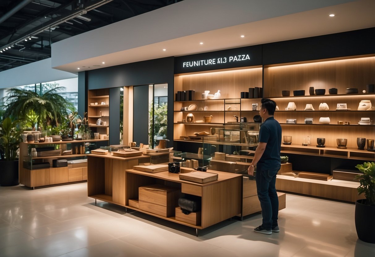 Customers browsing modern and traditional furniture displays at Furniture Plaza Singapura