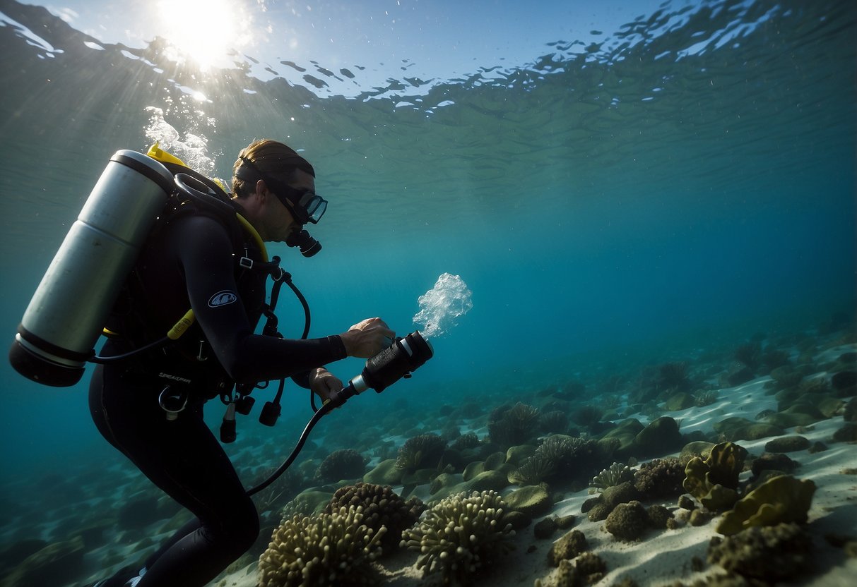 A scuba diver adjusts their buoyancy control device while calmly handling an emergency underwater. They maintain composure and follow proper procedures