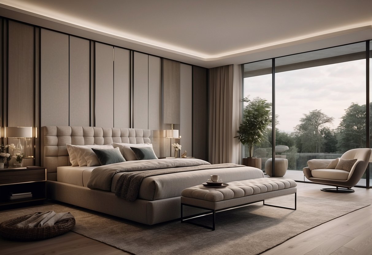 A spacious bedroom with elegant furniture sets, including a large comfortable bed, luxurious nightstands, and a stylish dresser with a mirror