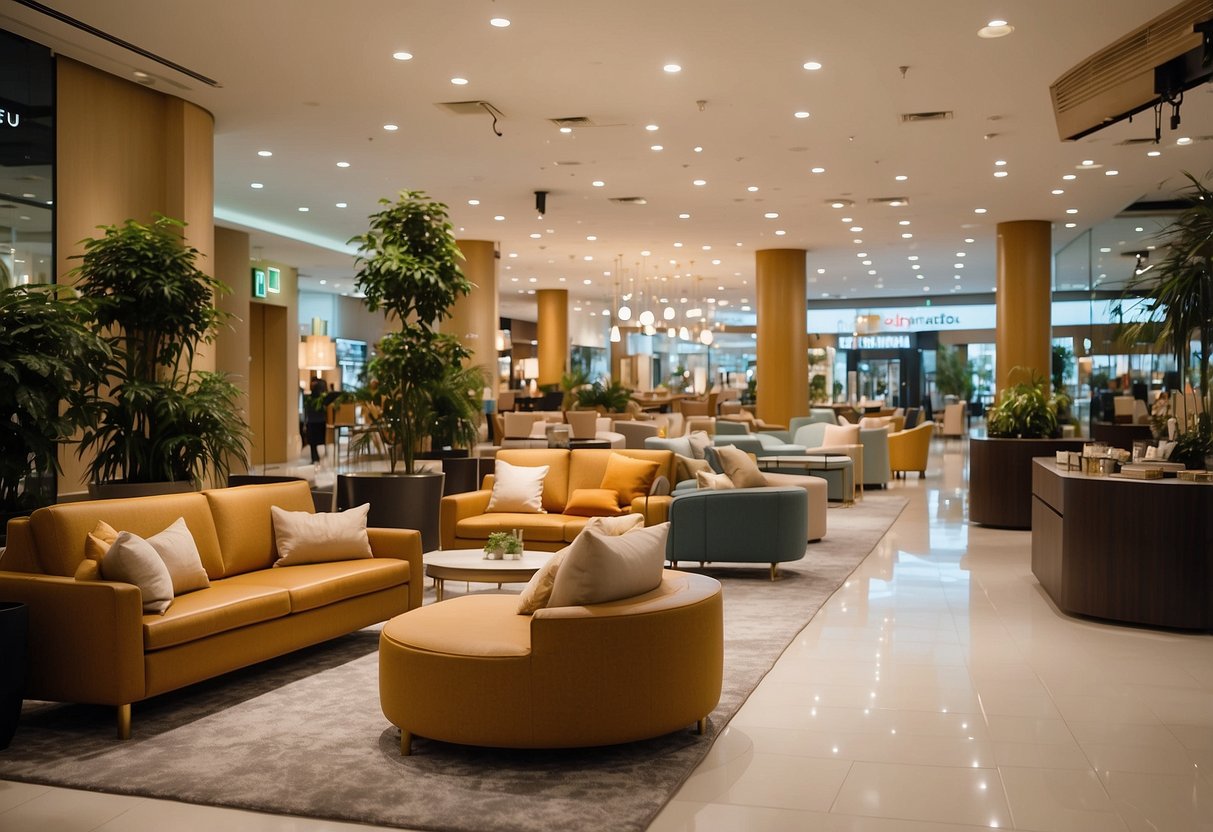 The furniture plaza at Plaza Singapura offers various store services and amenities. The spacious area is filled with comfortable seating, elegant display racks, and modern lighting fixtures