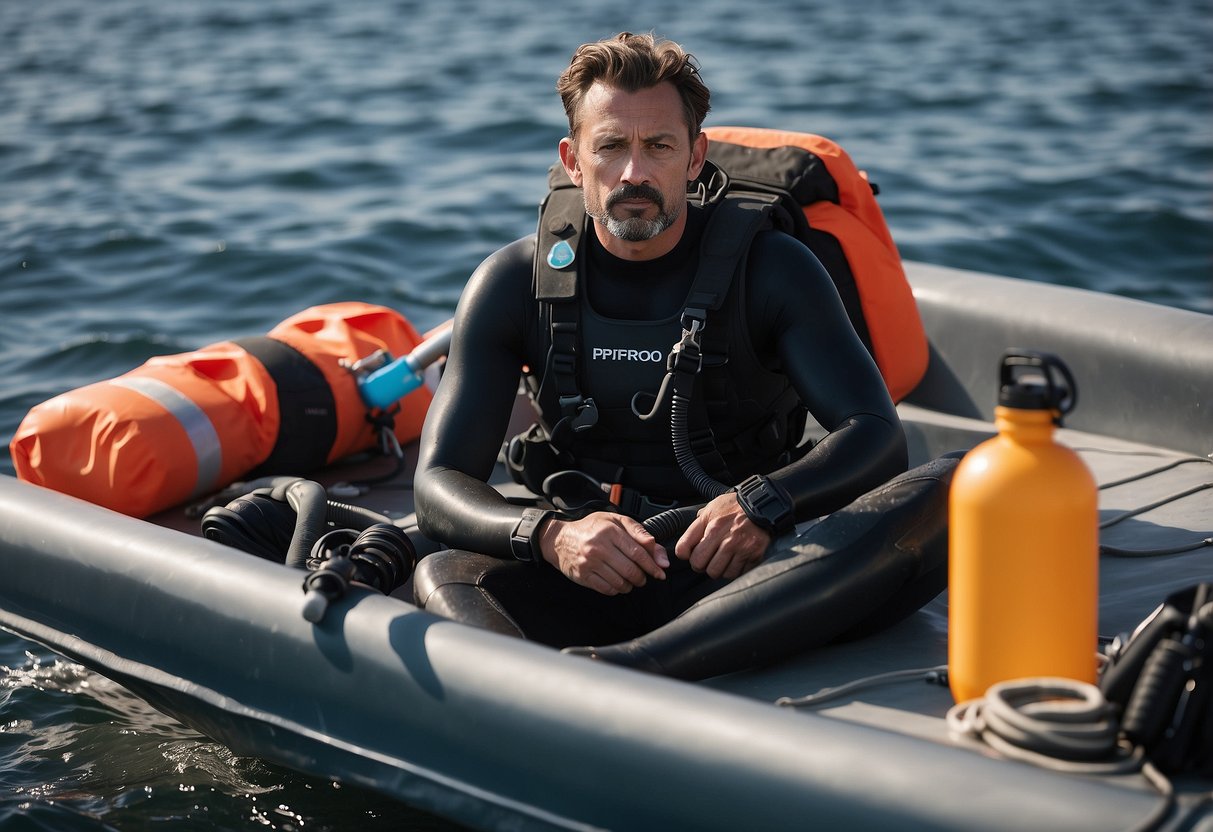 A diver sits on a boat, surrounded by diving gear. They massage their sore muscles with a foam roller and apply ice packs. A first aid kit and water bottle sit nearby