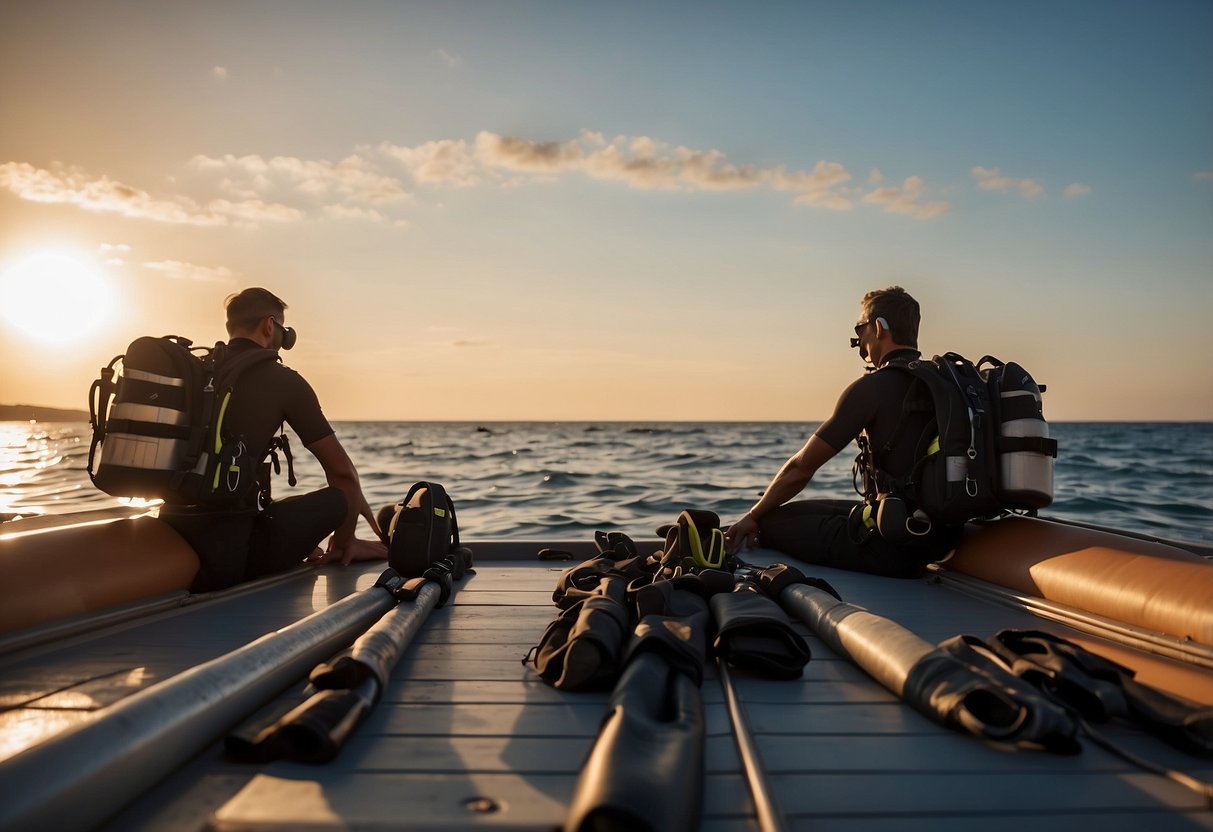 Divers stretching on a boat deck, surrounded by diving gear. A serene ocean backdrop with a setting sun