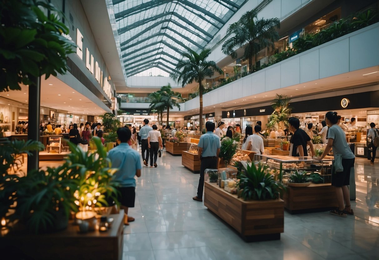 A bustling furniture plaza in Singapore, with various shops and customers browsing. Bright lights illuminate the modern displays and vibrant decor