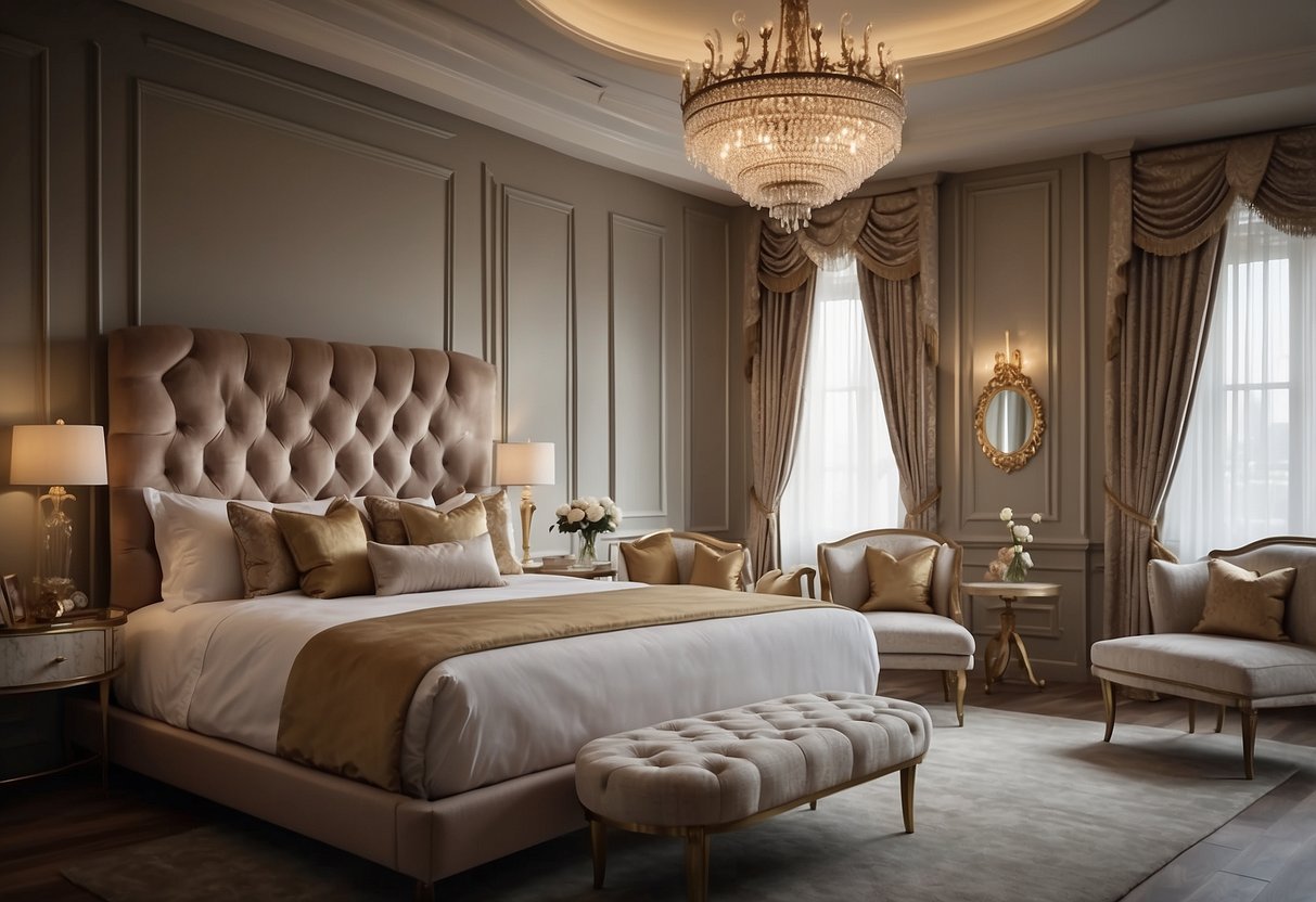 A lavish bedroom with elegant furniture sets, featuring a grand bed, ornate dressers, and plush seating, creating a luxurious and inviting atmosphere