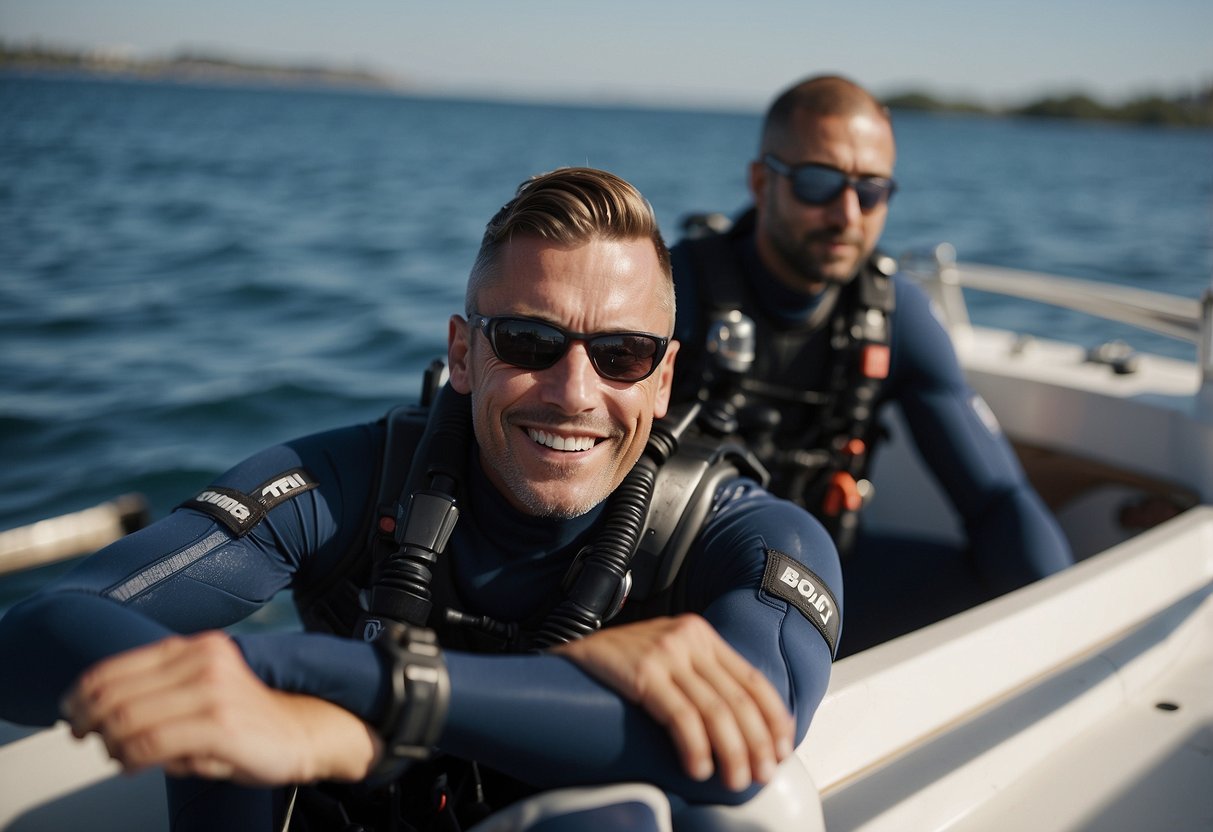 A diver sitting on a boat, wincing in pain while holding their sore muscles. A medical professional is nearby, offering assistance