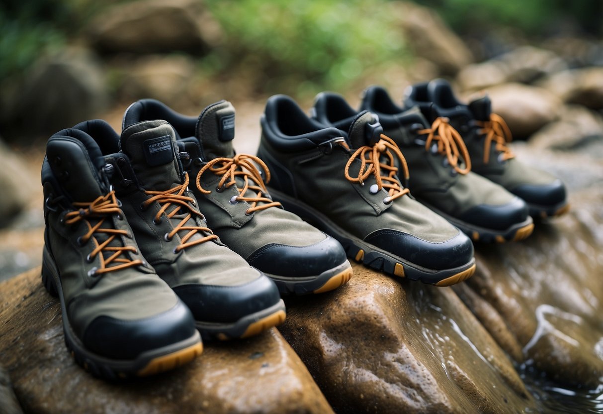 A rocky terrain with 5 pairs of diving shoes arranged in a line, each with sturdy soles and protective toe caps